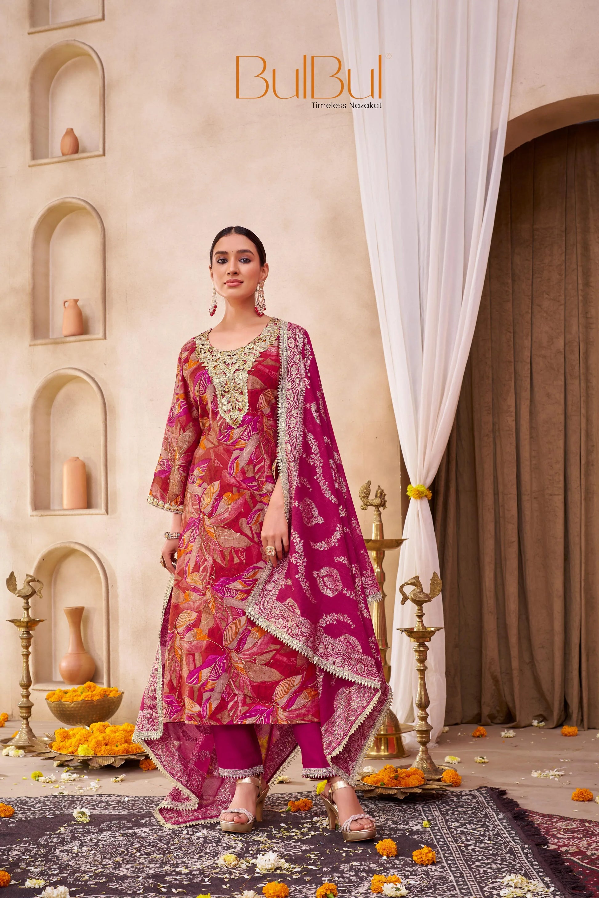 Rashmi Printed Fuchsia And Mustard Kurta Set with Dupatta – Chanderi Silk, Ethnic Wear for Women - warehousetech13