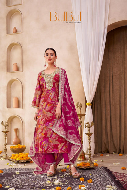 Rashmi Printed Fuchsia And Mustard Kurta Set with Dupatta – Chanderi Silk, Ethnic Wear for Women - warehousetech13
