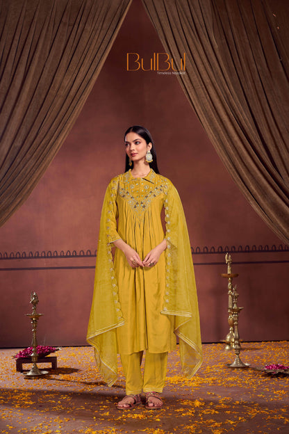 Himawari Muslin Kurta Set - Fuschia & Mustard Women's Ethnic Suit with Dupatta