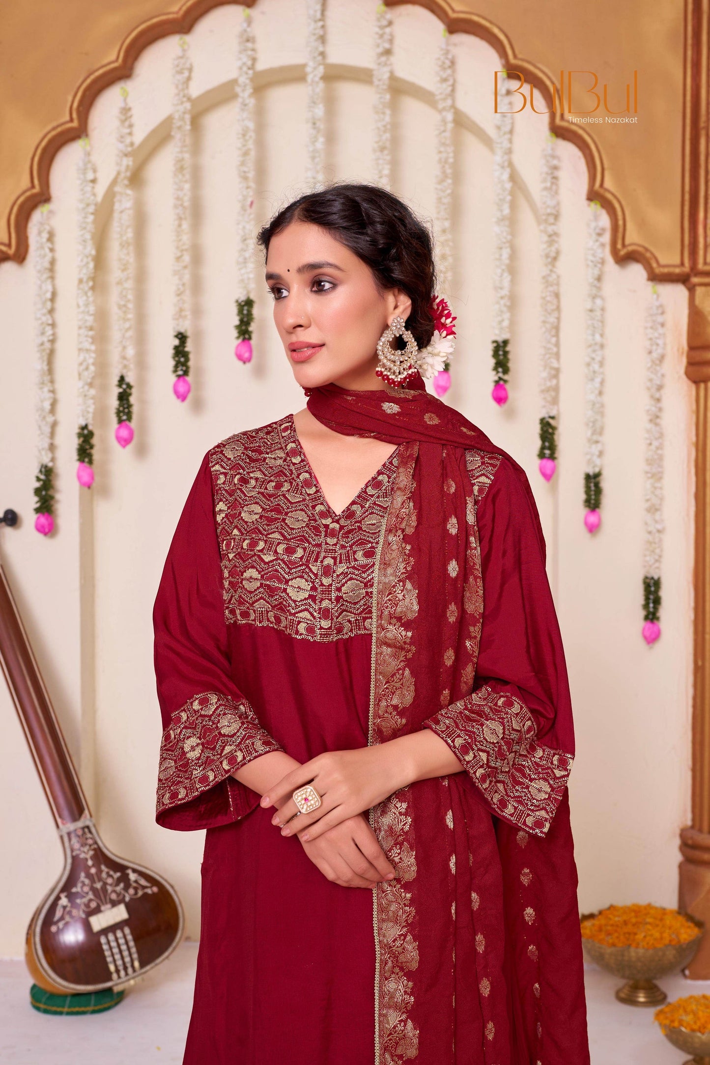 Ashima Beige & Red Cotton Kurta Set with Dupatta | Elegant Ethnic Wear for Women