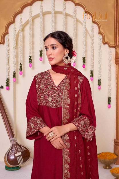 Ashima Beige & Red Cotton Kurta Set with Dupatta | Elegant Ethnic Wear for Women