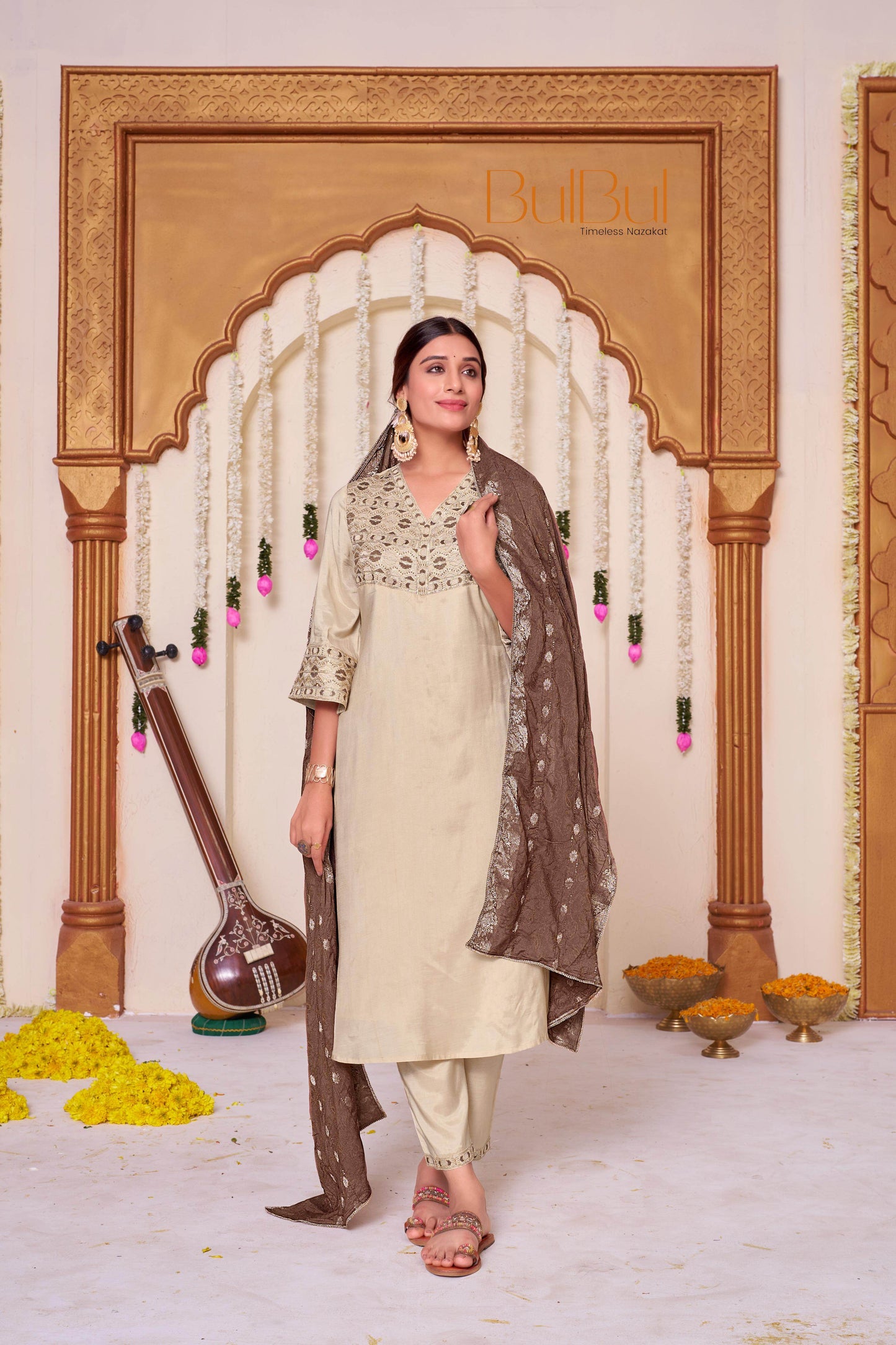 Ashima Beige & Red Cotton Kurta Set with Dupatta | Elegant Ethnic Wear for Women