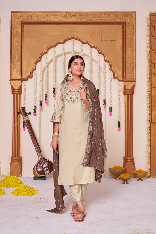 Ashima Beige & Red Cotton Kurta Set with Dupatta | Elegant Ethnic Wear for Women