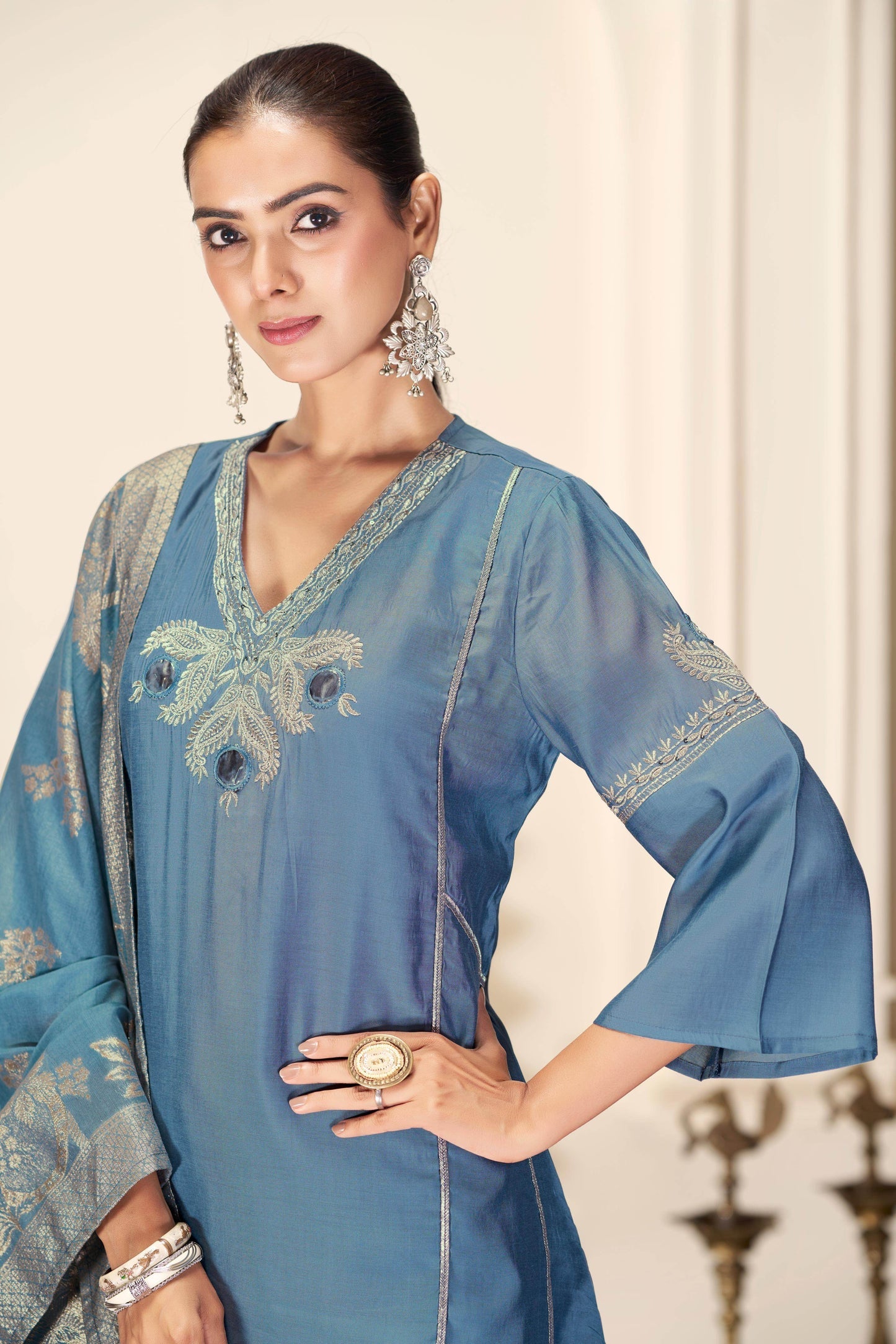Shruti Silk Kurta Set with Dupatta - Wine & Ice Blue Ethnic Wear for Women