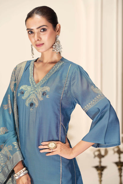 Shruti Silk Kurta Set with Dupatta - Wine & Ice Blue Ethnic Wear for Women