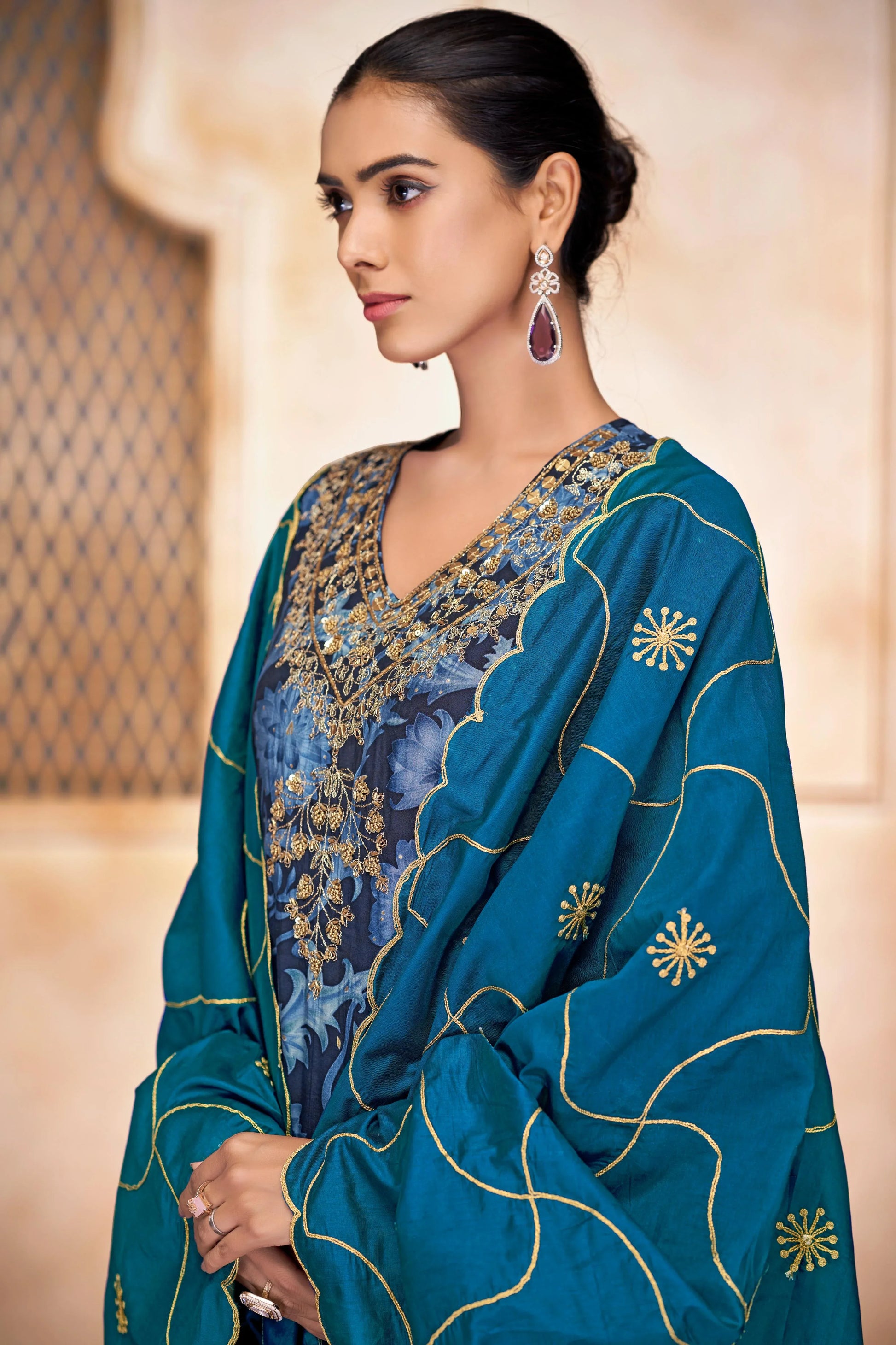 Rashmi Chanderi Navy & Pink Kurta Set with Dupatta - Elegant Modal Fabric Ethnic Wear - warehousetech13