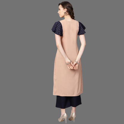Women’s Casual Crepe Kurti with Short Sleeves and Palazzo Set (Beige) in Tribal Design