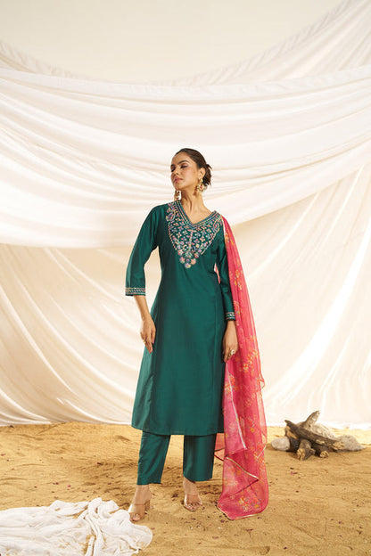 Kayra Green Multicolor Embroidered Chinnon Silk Suit Set - Straight Fit