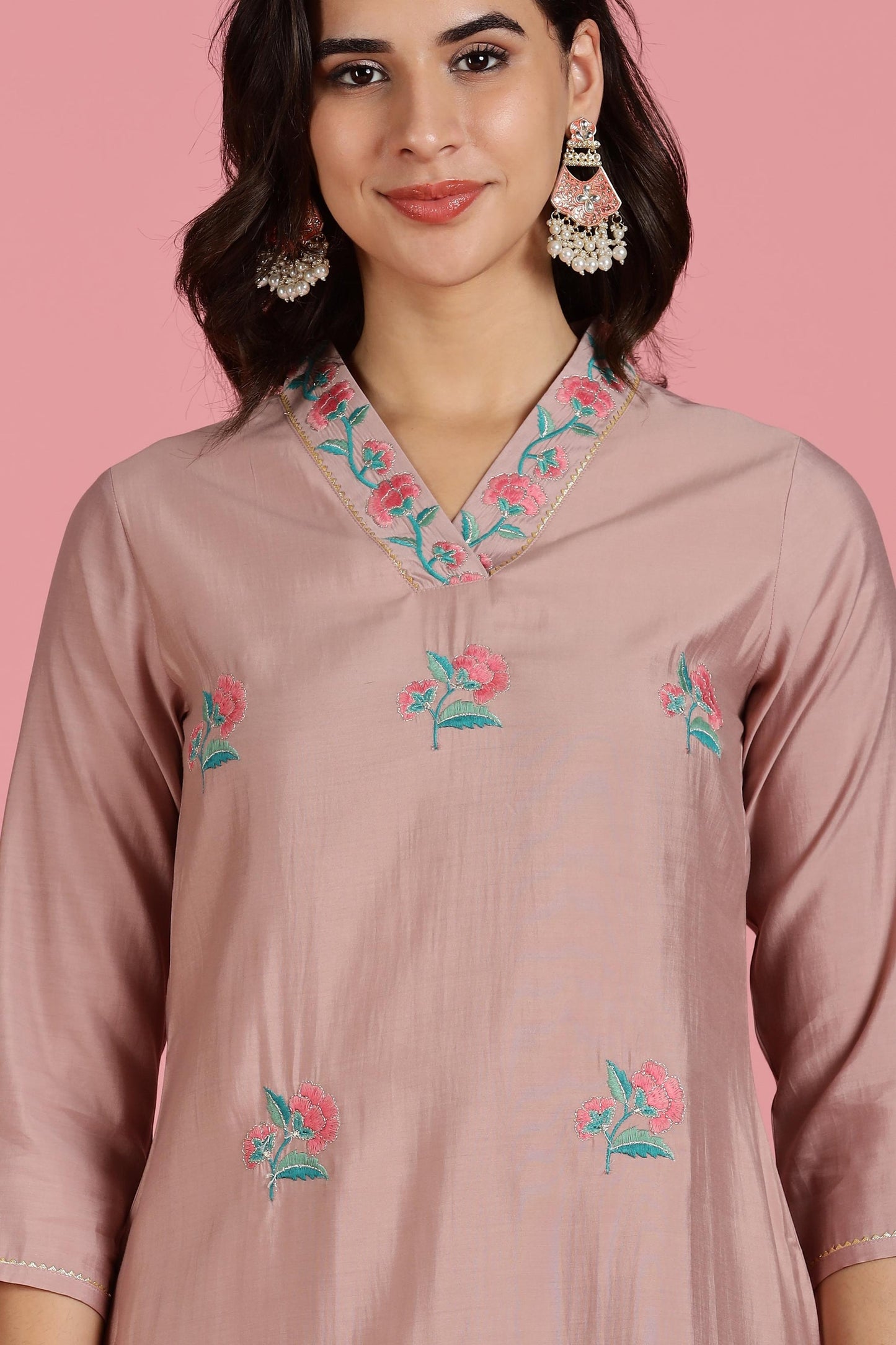 Blush Pink Floral Kota Doriya Kurta Set with Zari Sequin Neckline & Dupatta