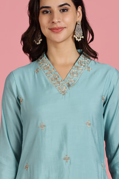 Sky Blue Chanderi Silk Kurta Set with Zari Neckline & Sequin Work