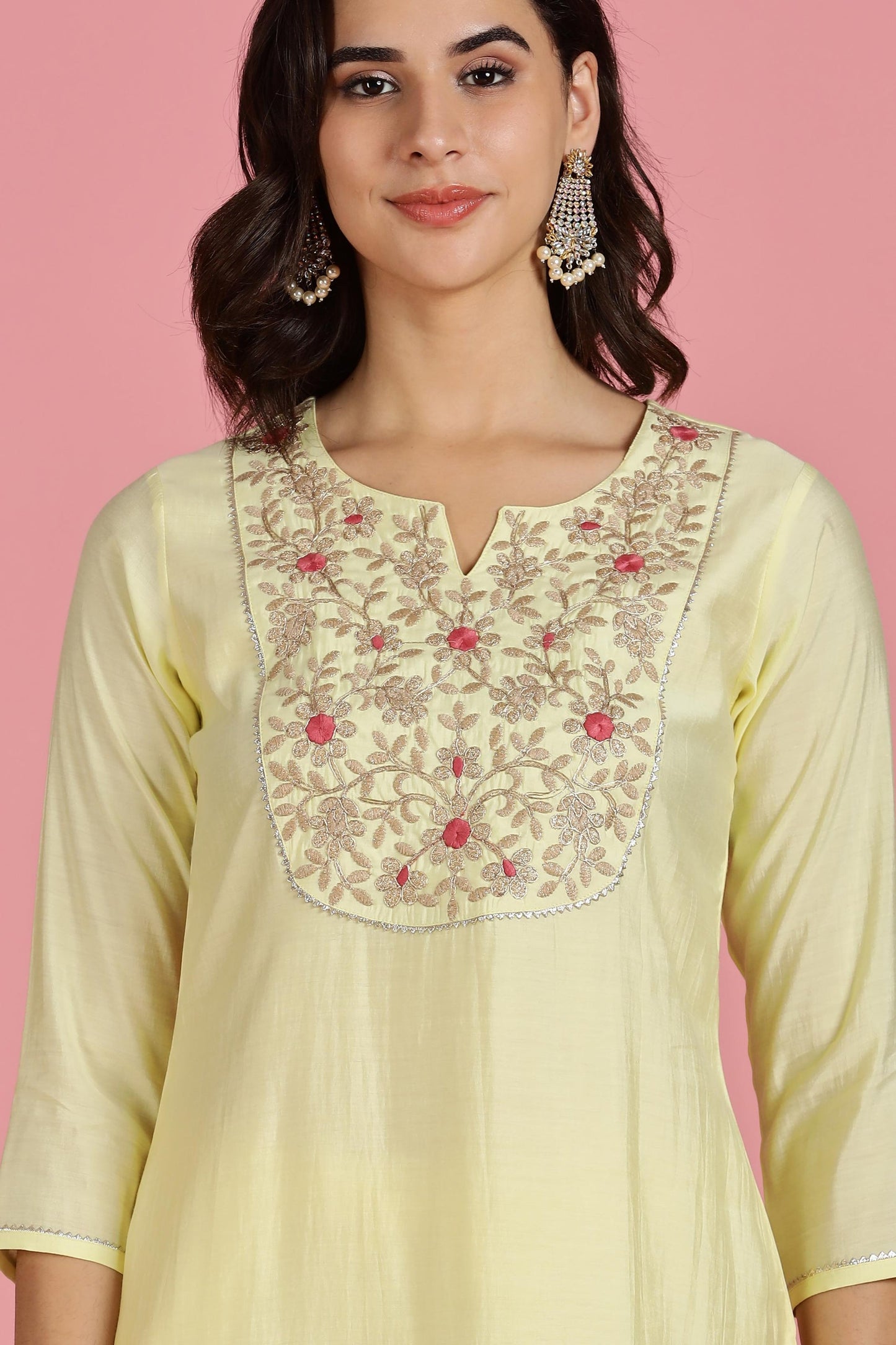 Butter Yellow Chanderi Silk Kurta Set with Resham Zari Floral Embroidery