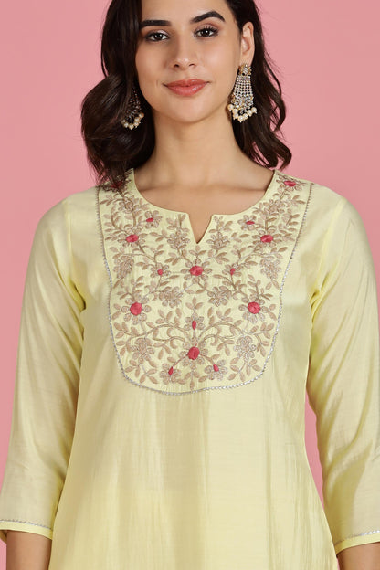 Butter Yellow Chanderi Silk Kurta Set with Resham Zari Floral Embroidery