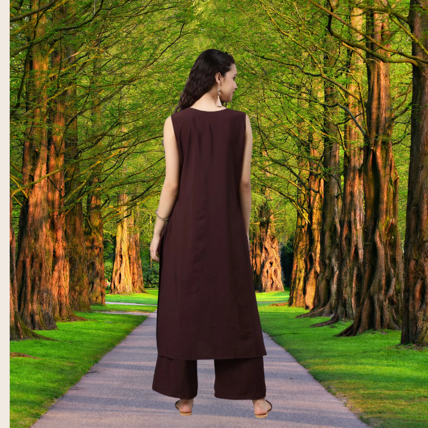 Women’s Sleeveless Solid Crepe Kurti and Palazzo Set (Brown) for Casual Wear - warehousetech13