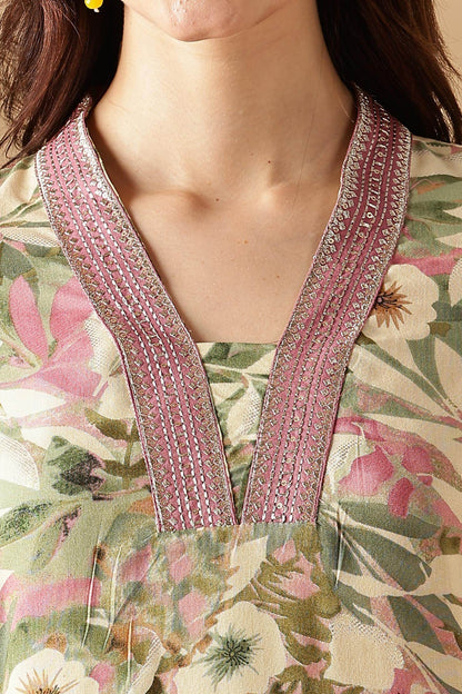 Designer Aafiya Green and Mauve Rayon Kurta with Dupatta Set