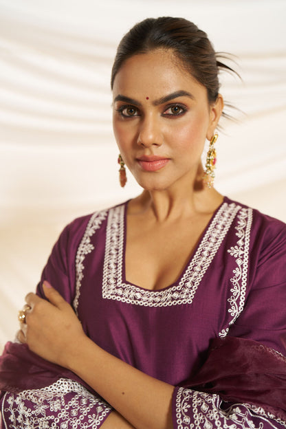 Kayra Wine Aari Embroidered Chinnon Silk A-Line Suit Set with Cotton Lining