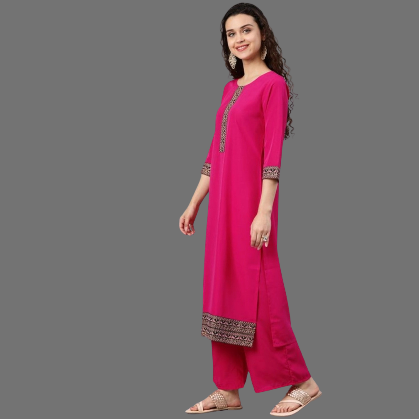 Ladies' Casual 3/4 Sleeve Solid Crepe Kurti and Palazzo Set (Pink) - warehousetech13
