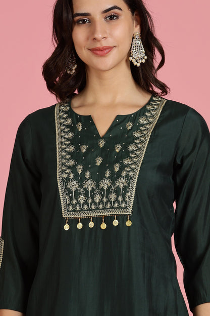 Dark Green Chanderi Silk Kurta Set with Zari Yoke & Coin Embroidery