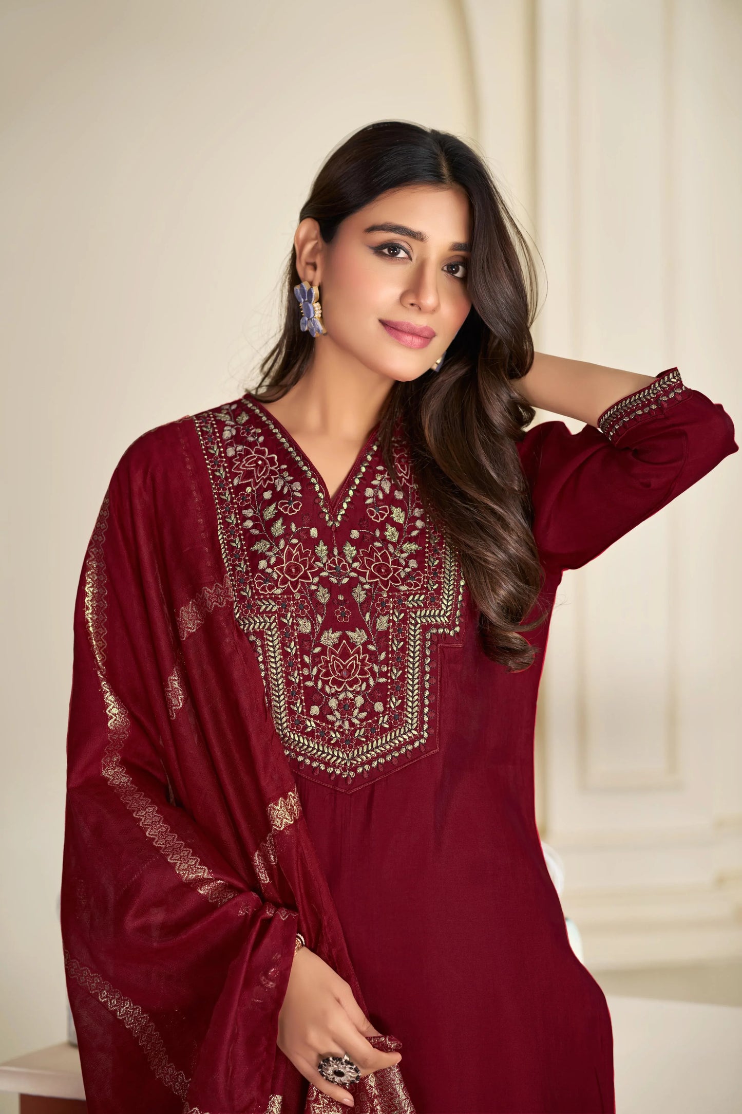 BulBul Ruhani Solid Green and Maroon Embroidered Roman Silk Salwar Suit for Women - warehousetech13