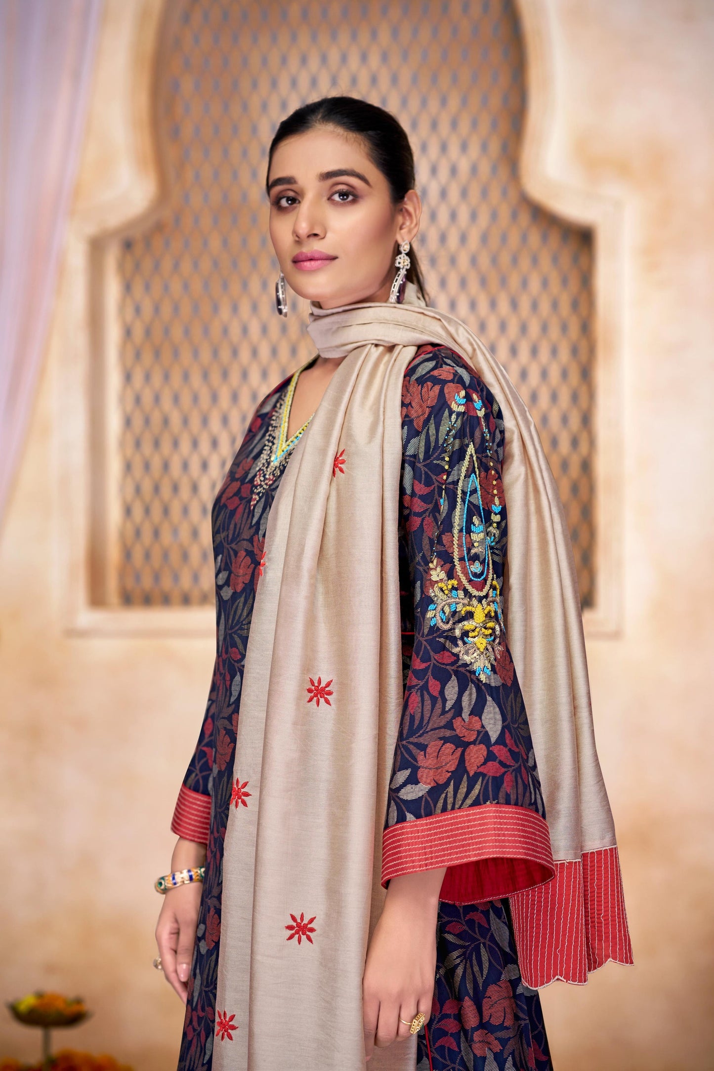 Rashmi Navy Multi-Color Embroidered Chanderi Silk Suit Set with Zari & Sequins