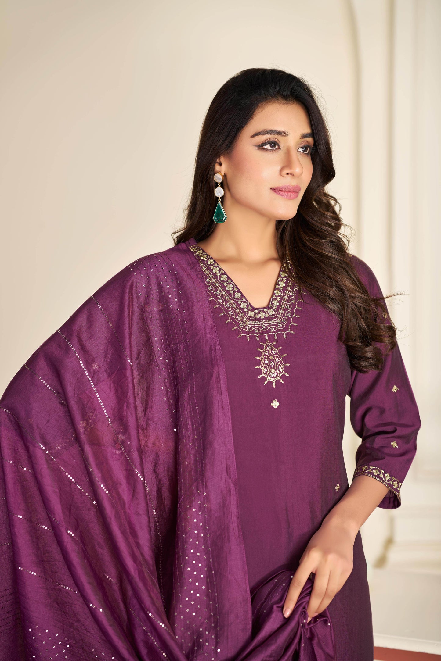 Nakshatra Green and Purple Silk Kurta Set with Dupatta – Elegant Festive Ethnic Wear for Women