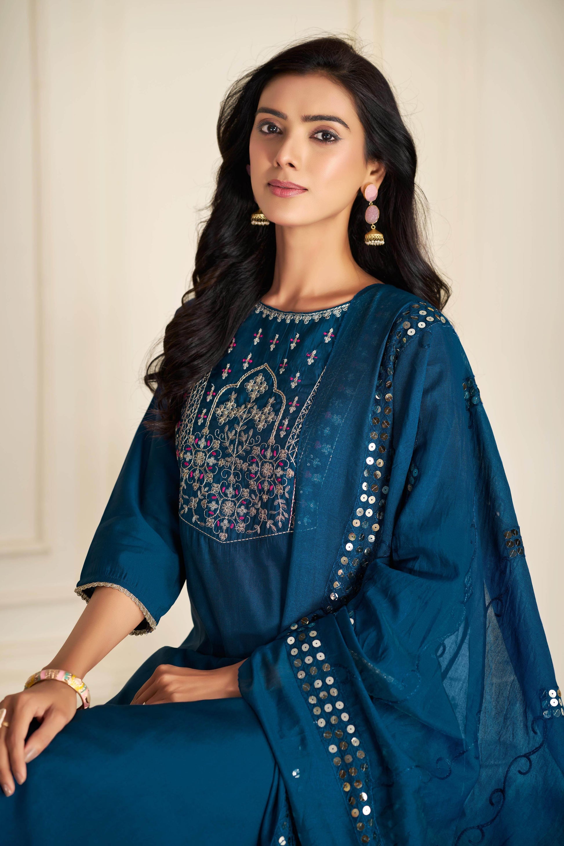 Prachi Silk Teal & Beige Kurta Set with Dupatta for Women - warehousetech13