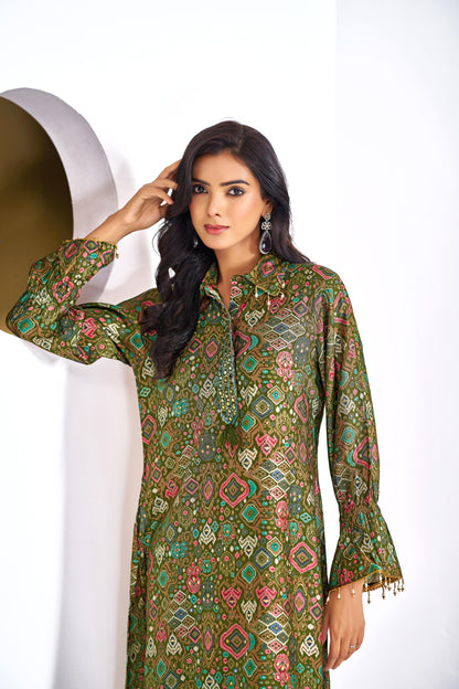 Pratiksha Modal Chanderi Co-Ord Set in Red & Olive - Printed Ethnic Wear