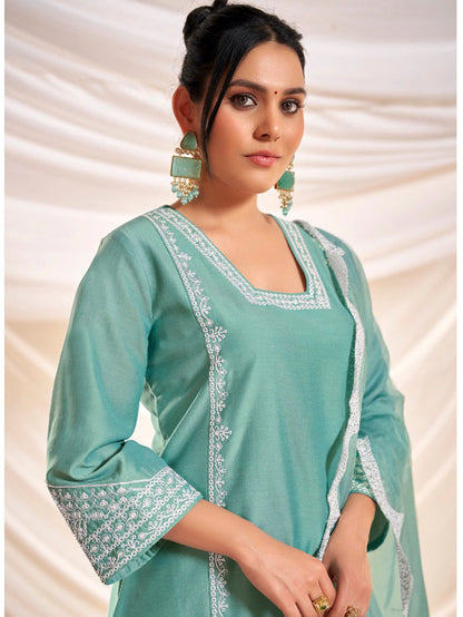 Kayra Aqua Aari Embroidered Chinnon Silk A-Line Suit Set with Cotton Lining
