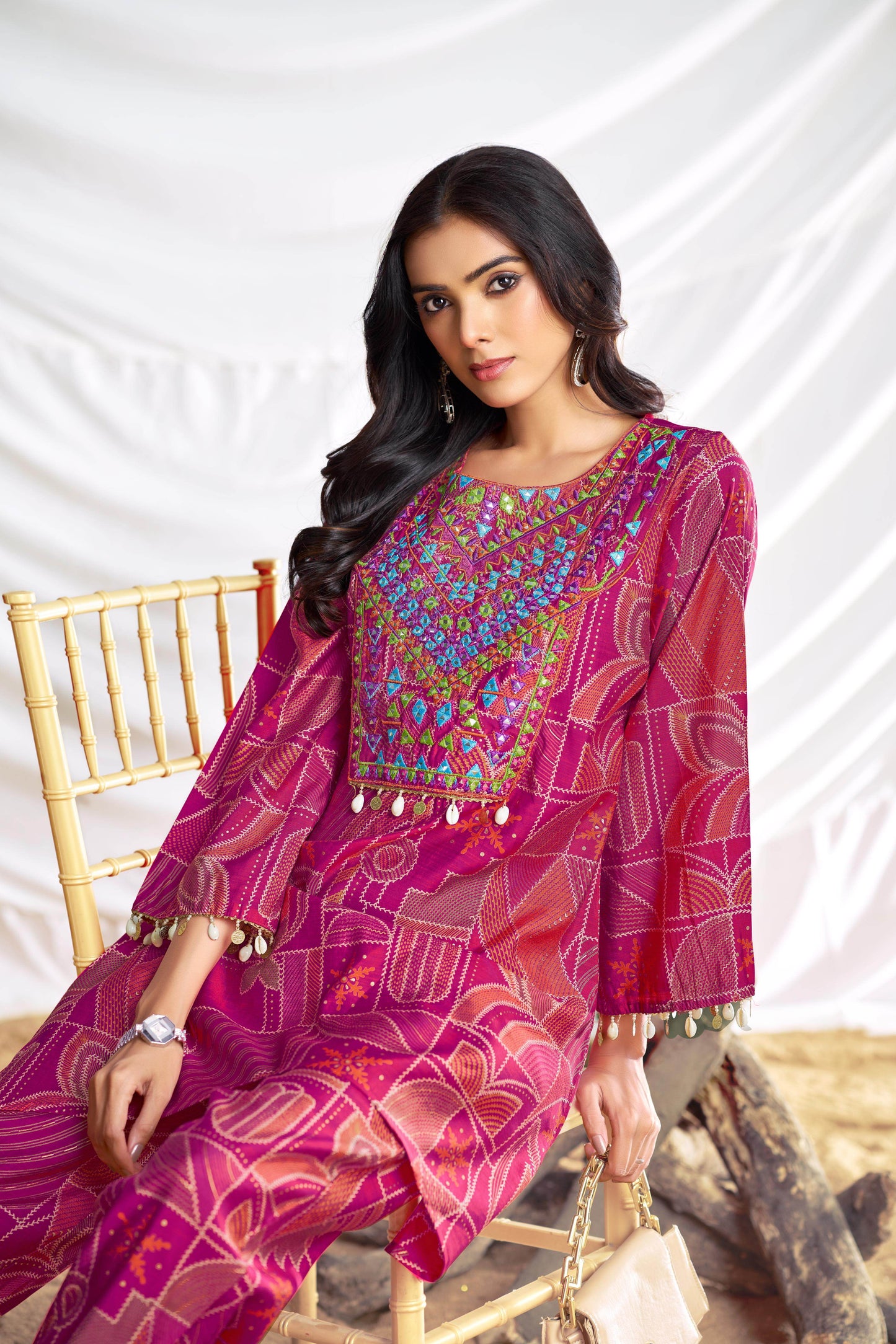 Ashka Chanderi Co-Ord Set in Fuschia & Mustard – Elegant Ethnic Wear, Lightweight & Stylish
