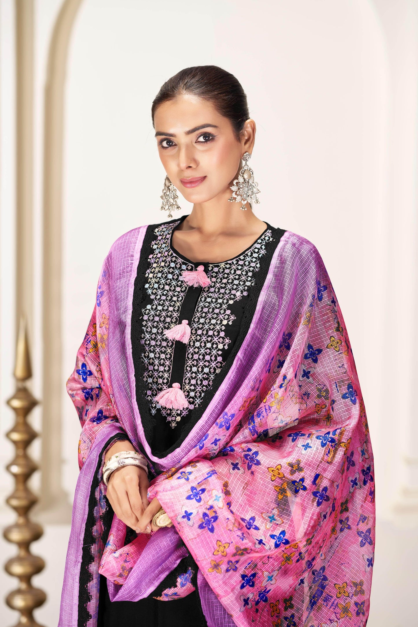 Bhumi Elegant Off-White & Black Silk Kurta Set with Dupatta for Women | Ethnic Festive Wear - warehousetech13