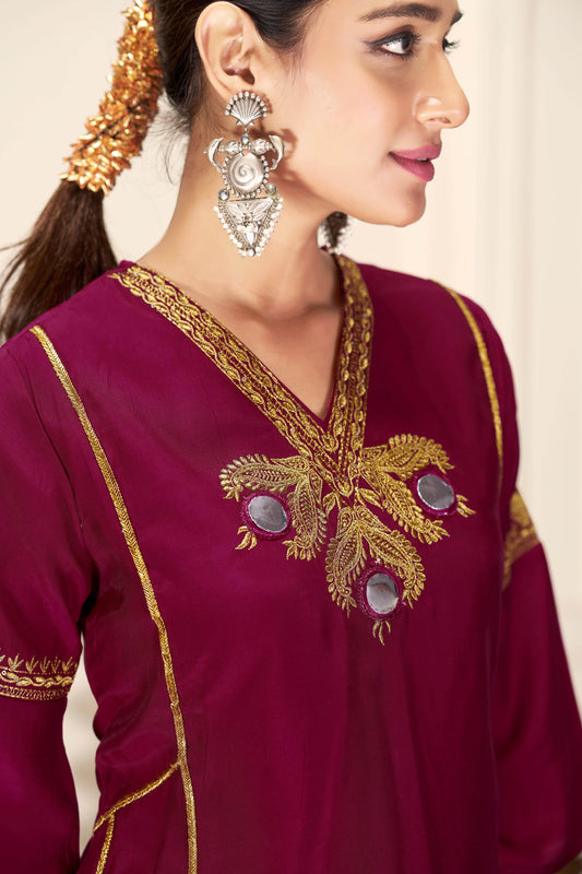 Shruti Silk Kurta Set with Dupatta - Wine & Ice Blue Ethnic Wear for Women