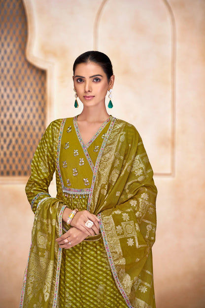 Rashmi Mehndi Green Chanderi Silk Suit Set with Beads, Sequins & Mul Lining