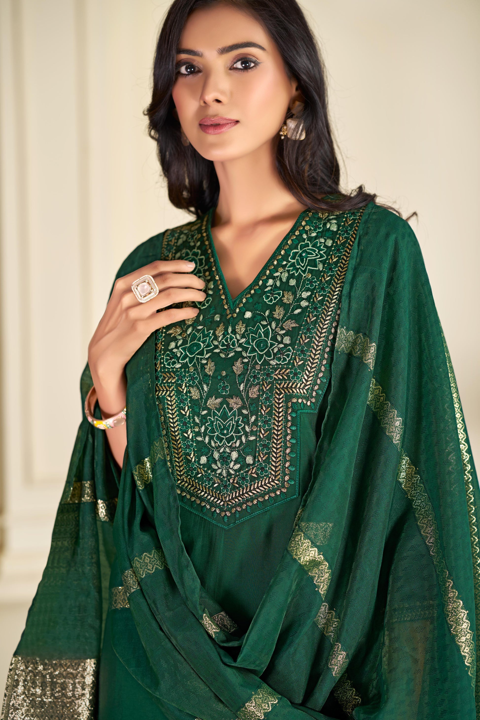 BulBul Ruhani Solid Green and Maroon Embroidered Roman Silk Salwar Suit for Women - warehousetech13