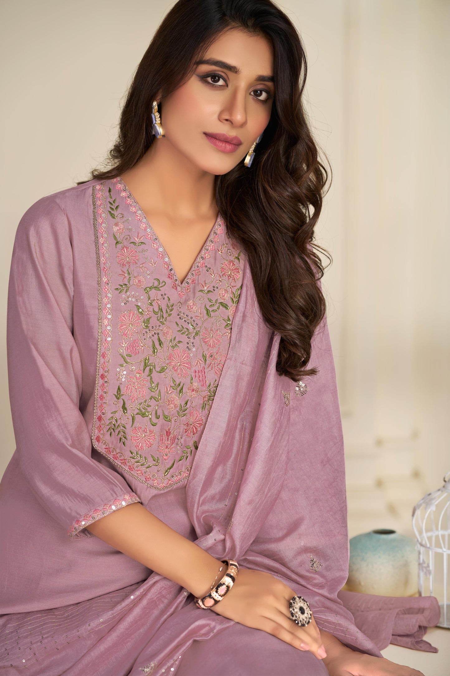 BulBul Preksha Green & Mauve Embroidered Roman Silk Salwar Suit for Women | Festive Ethnic Wear Set