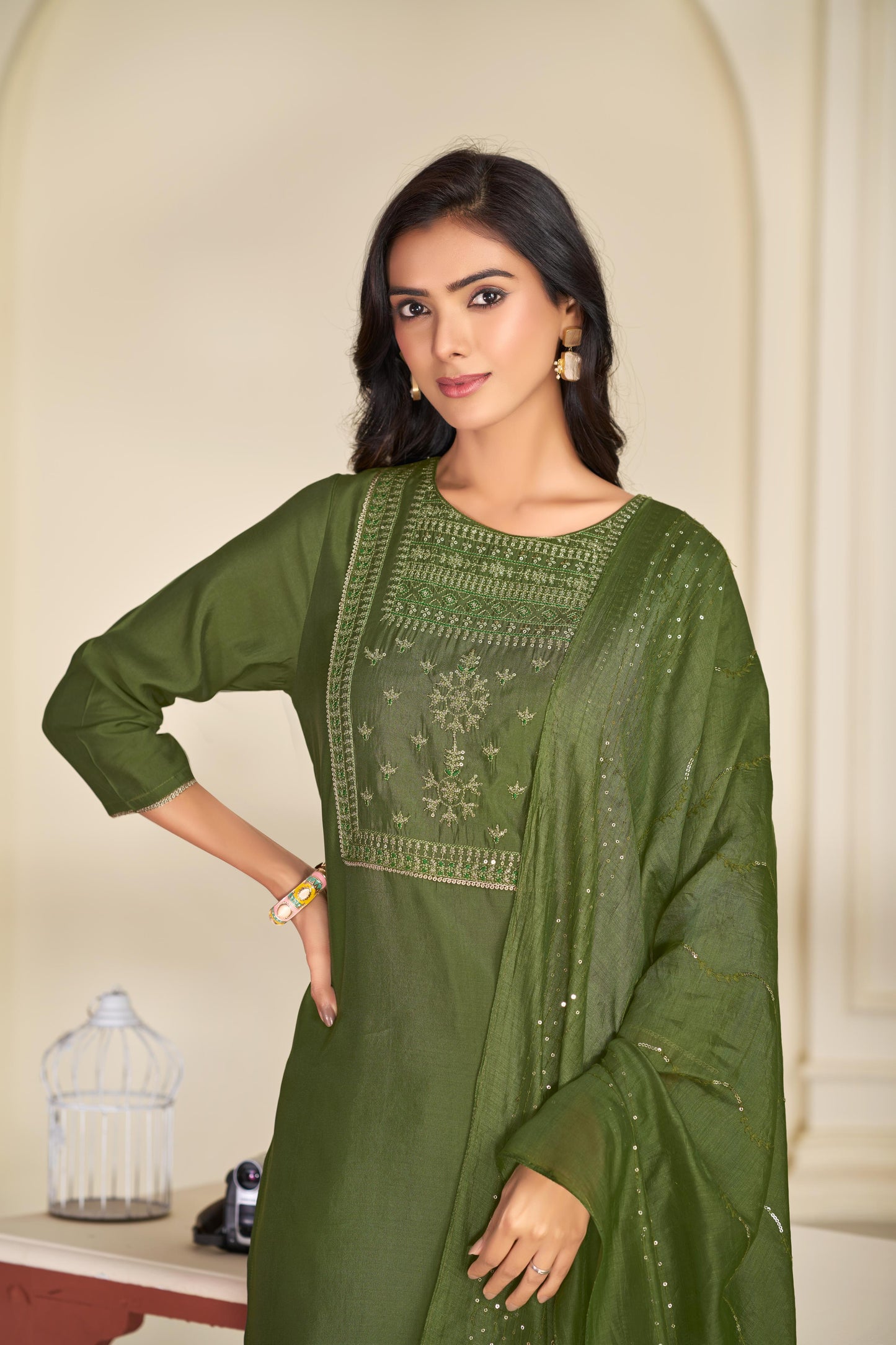BulBul Aadvi Solid Grey & Green Embroidered Roman Silk Salwar Suit for Women | Festive & Party Wear Ethnic Ensemble