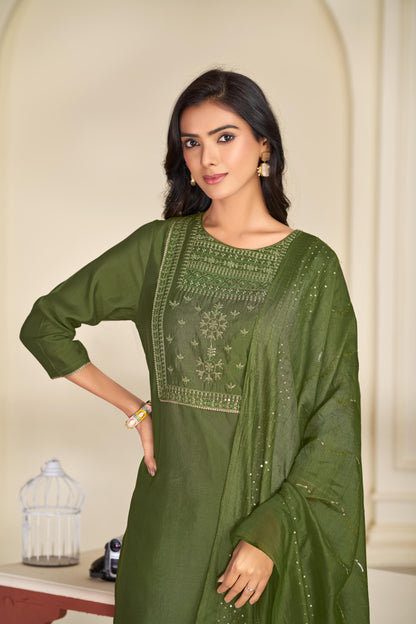 BulBul Aadvi Solid Grey & Green Embroidered Roman Silk Salwar Suit for Women | Festive & Party Wear Ethnic Ensemble