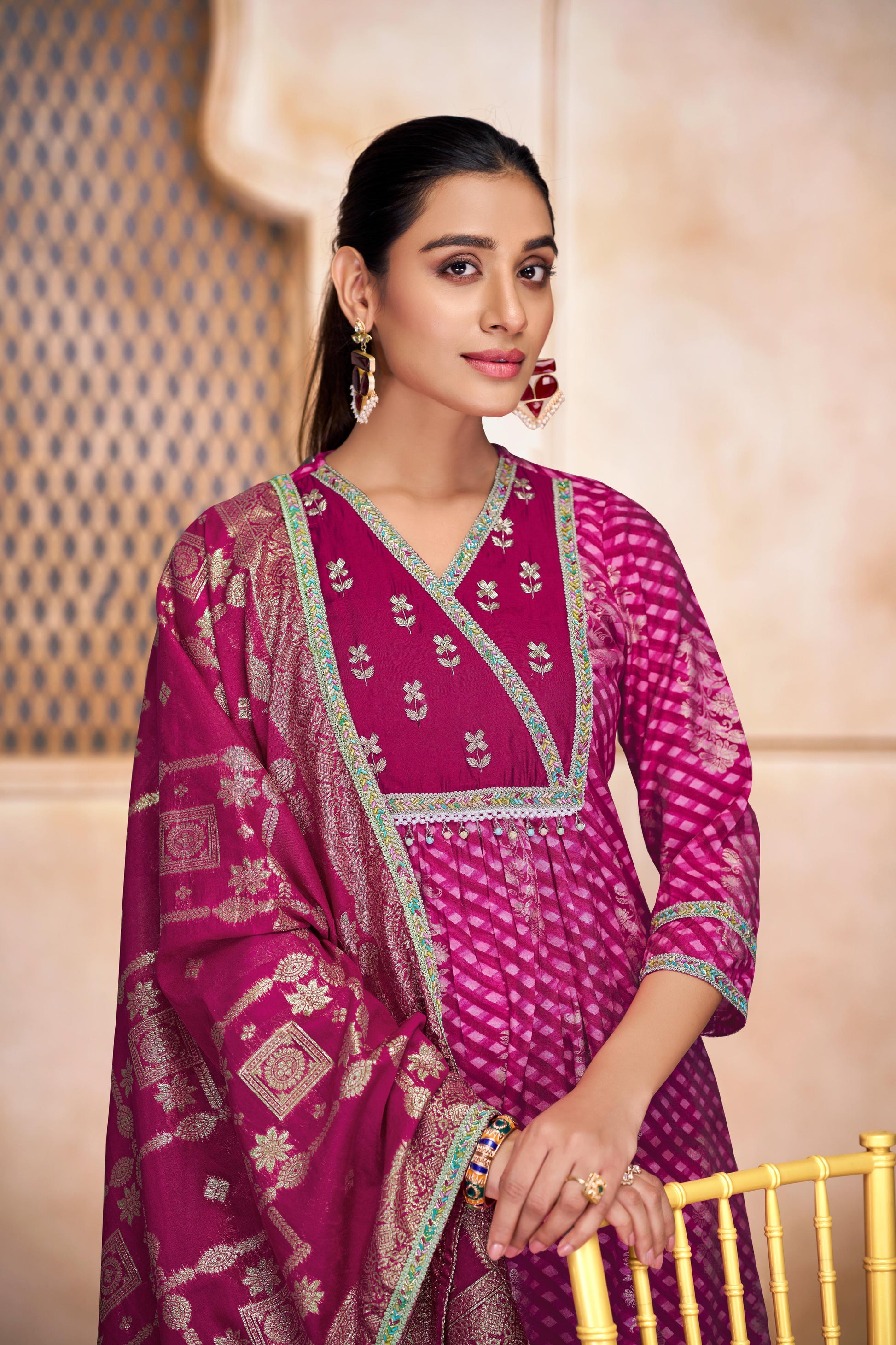 Rashmi Fuschia & Green Kurta Set with Dupatta - Elegant Modal Chanderi Ethnic Wear - warehousetech13
