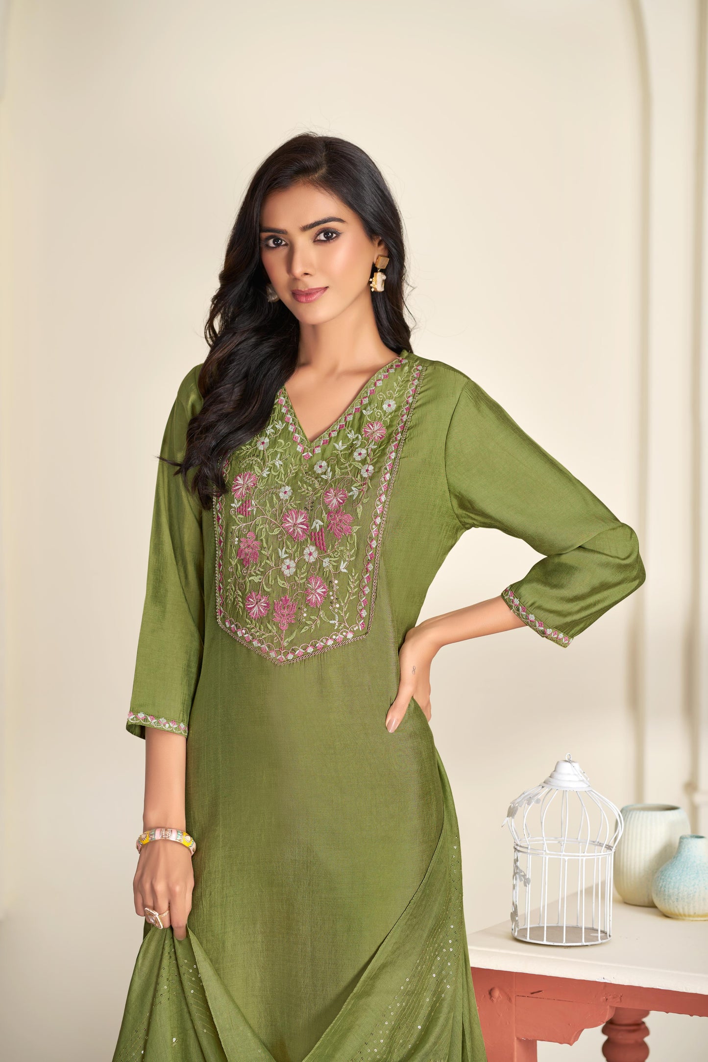 BulBul Preksha Green & Mauve Embroidered Roman Silk Salwar Suit for Women | Festive Ethnic Wear Set