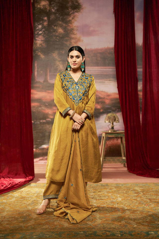 Raajvee Peacock Blue & Mustard Pure Silk Suit Set with Resham Zari Embroidery & Sequin Neckline