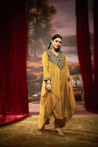 Raajvee Peacock Blue & Mustard Pure Silk Suit Set with Resham Zari Embroidery & Sequin Neckline