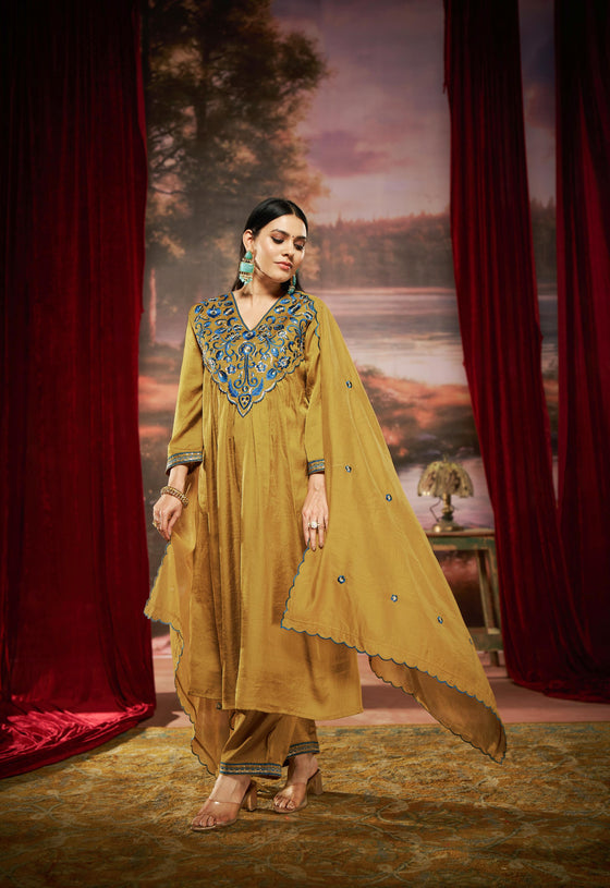 Raajvee Peacock Blue & Mustard Pure Silk Suit Set with Resham Zari Embroidery & Sequin Neckline