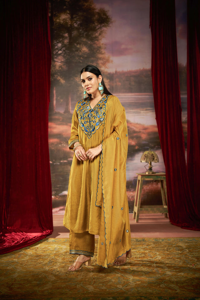 Raajvee Peacock Blue & Mustard Pure Silk Suit Set with Resham Zari Embroidery & Sequin Neckline