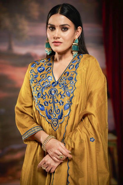 Raajvee Peacock Blue & Mustard Pure Silk Suit Set with Resham Zari Embroidery & Sequin Neckline