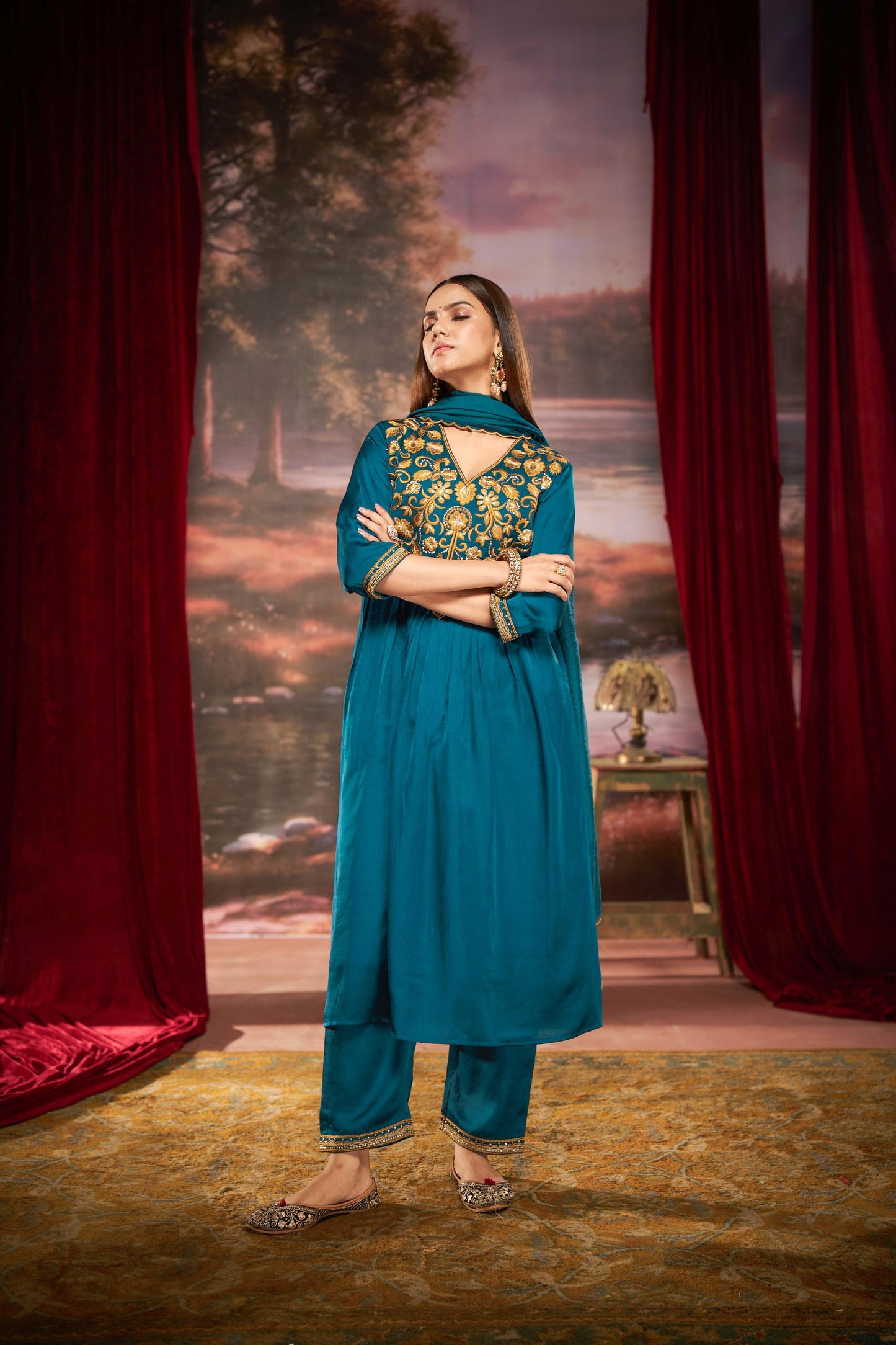 Raajvee Peacock Blue & Mustard Pure Silk Suit Set with Resham Zari Embroidery & Sequin Neckline