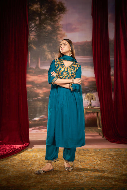 Raajvee Peacock Blue & Mustard Pure Silk Suit Set with Resham Zari Embroidery & Sequin Neckline