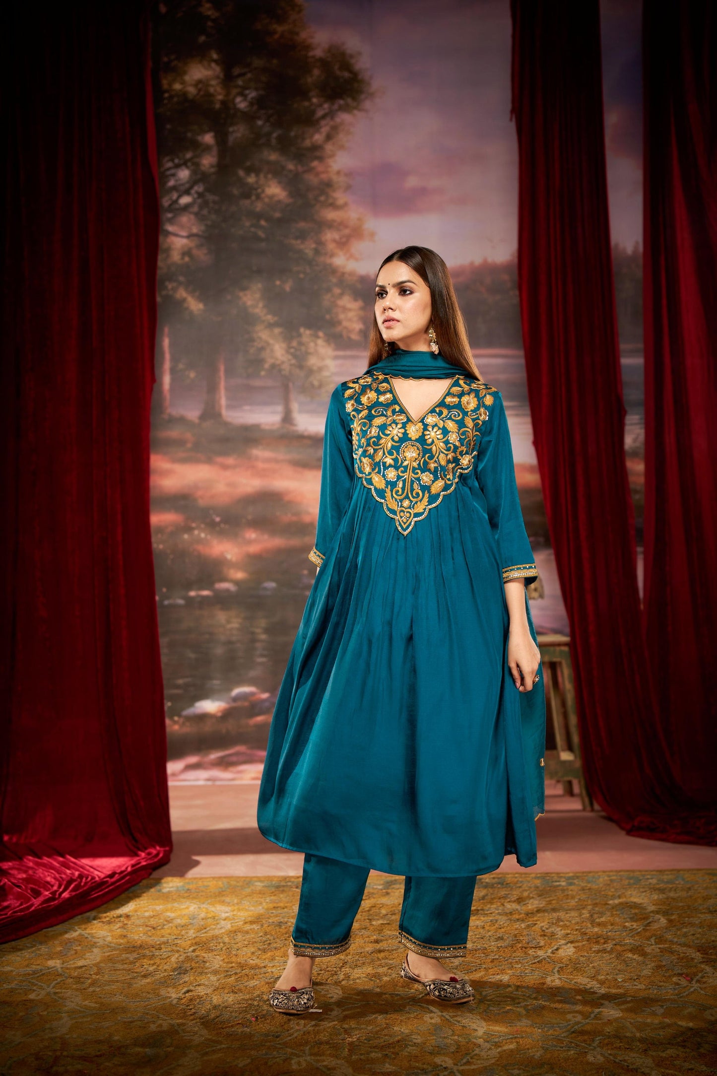 Raajvee Peacock Blue & Mustard Pure Silk Suit Set with Resham Zari Embroidery & Sequin Neckline