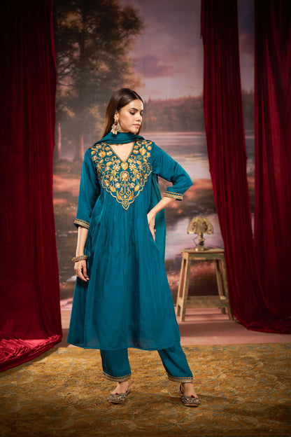 Raajvee Peacock Blue & Mustard Pure Silk Suit Set with Resham Zari Embroidery & Sequin Neckline