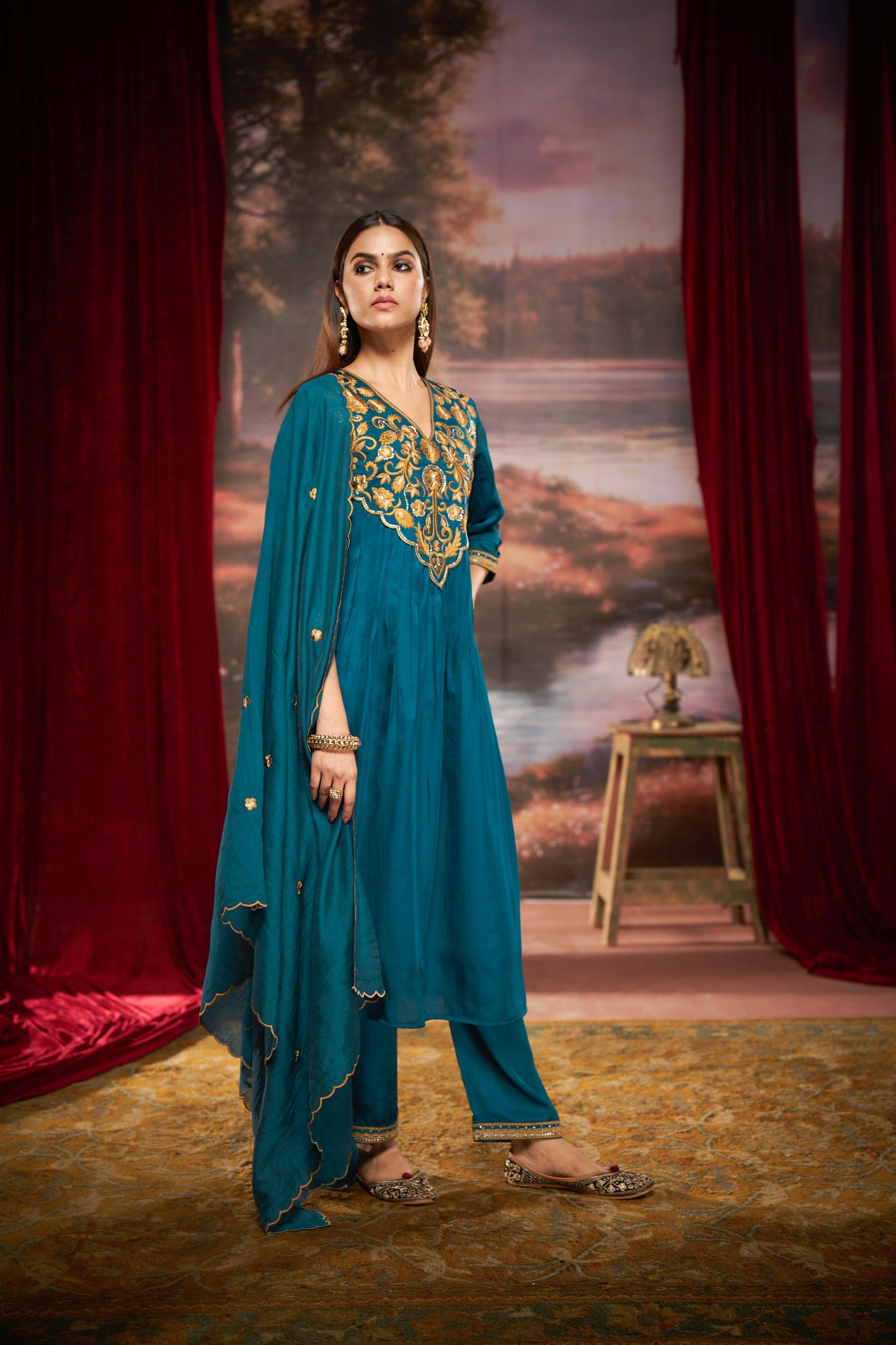 Raajvee Peacock Blue & Mustard Pure Silk Suit Set with Resham Zari Embroidery & Sequin Neckline