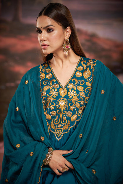 Raajvee Peacock Blue & Mustard Pure Silk Suit Set with Resham Zari Embroidery & Sequin Neckline