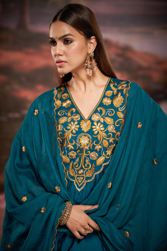 Raajvee Peacock Blue & Mustard Pure Silk Suit Set with Resham Zari Embroidery & Sequin Neckline