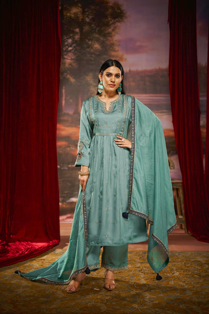 Gorgeous Dusty Rose & Teal Pure Silk A-Line Kurta Set with Zari Resham & Dupatta